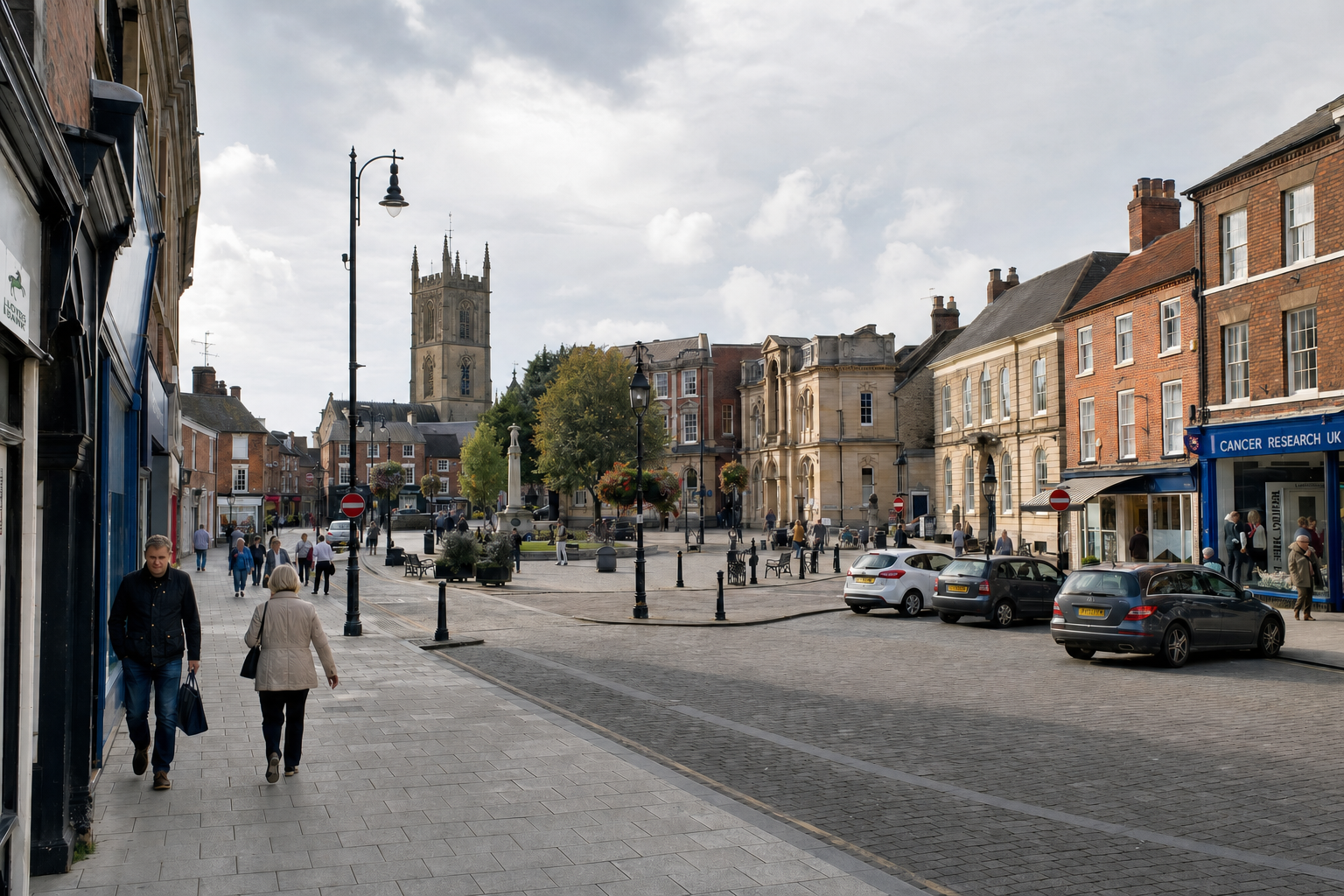 A bustling town square with historic buildings, a church tower, and people walking on a partly cloudy day.
