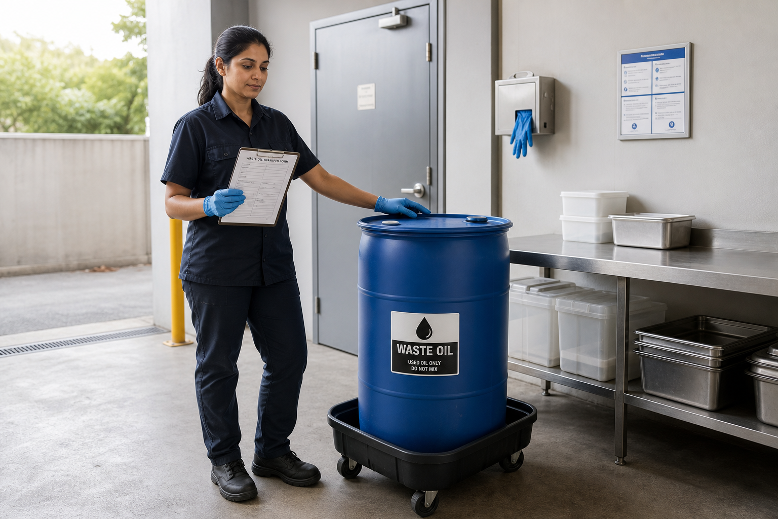 Worker in uniform reviews a form near a blue waste oil drum in an industrial setting.