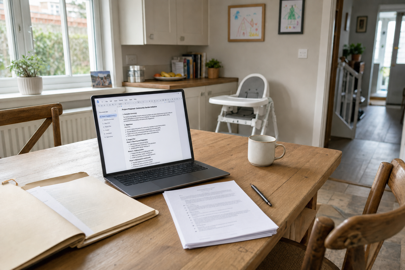 A laptop displaying a document is on a wooden table with papers, a mug, and a pen, set in a cosy kitchen.