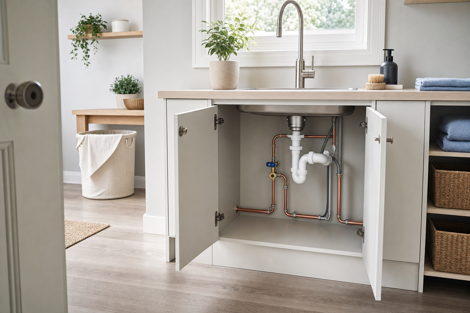 Modern kitchen with open cabinet doors revealing neatly arranged plumbing under the sink.