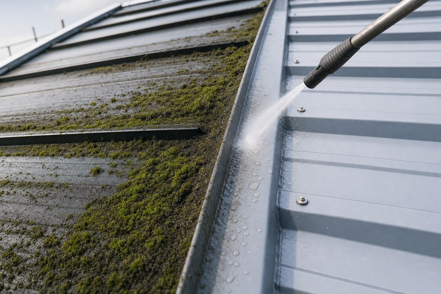 A pressure washer cleans moss from a metal roof, leaving a clear, shiny surface.