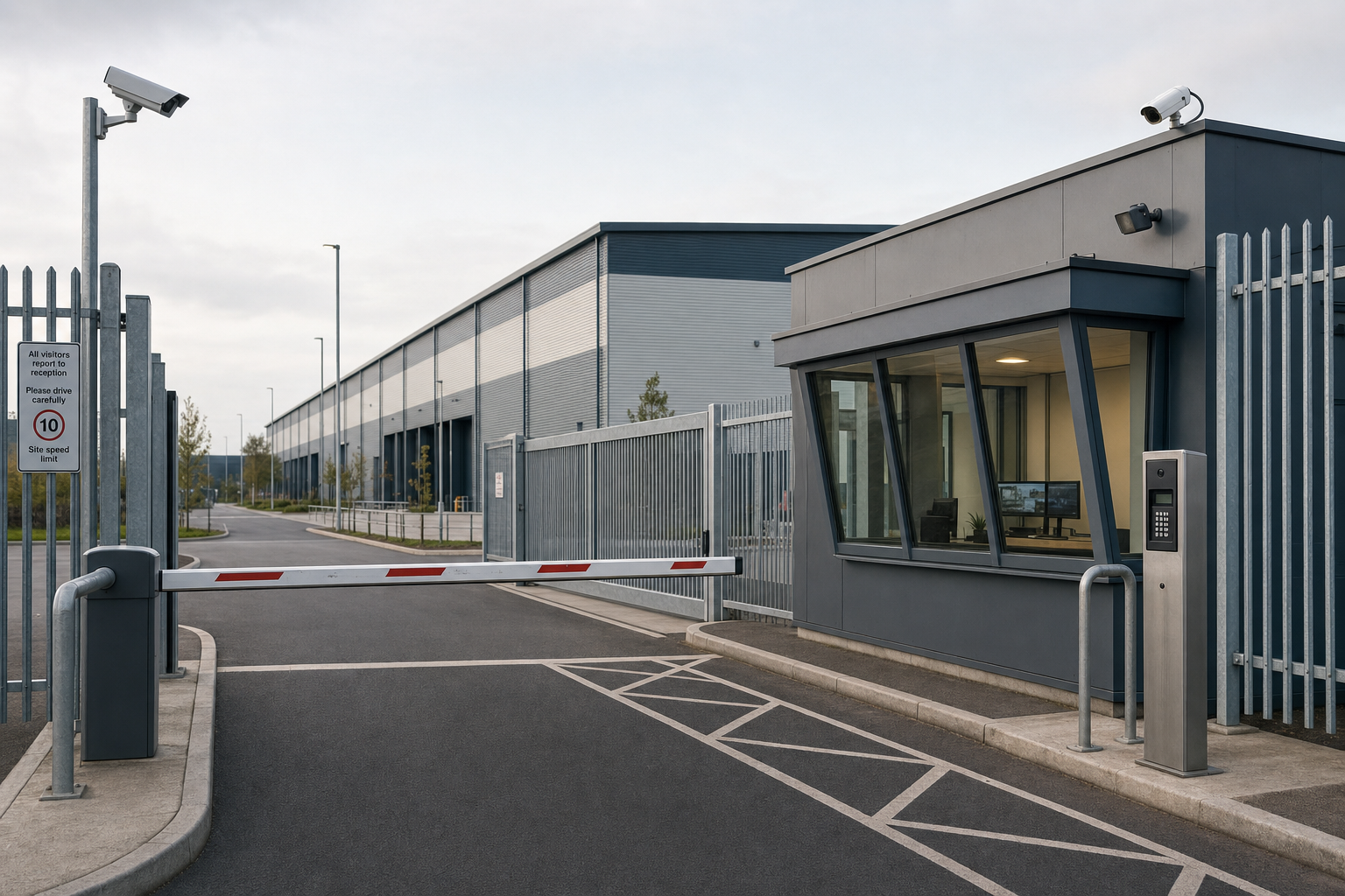 Security gate with CCTV cameras and bollard at the entrance of a modern industrial facility.