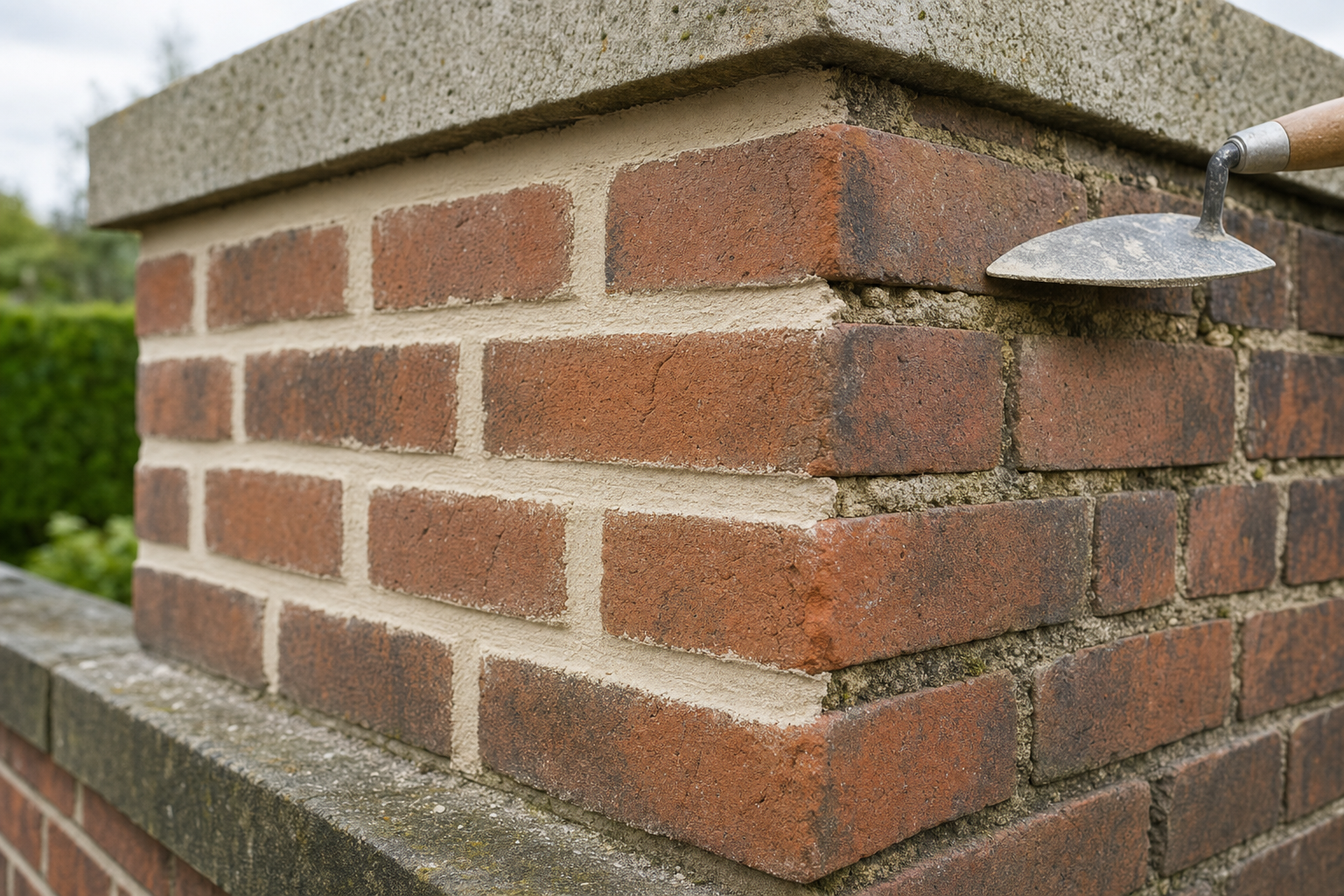 Red brick wall being repointed with fresh mortar using a pointing trowel.