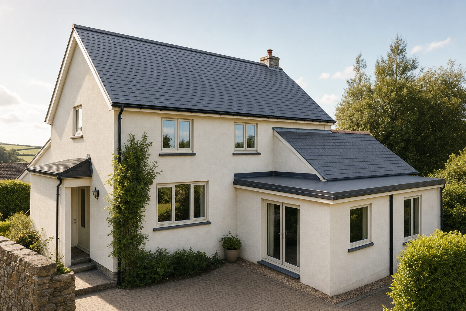 Modern detached house with light-coloured walls and slate roof, surrounded by greenery and a stone wall.
