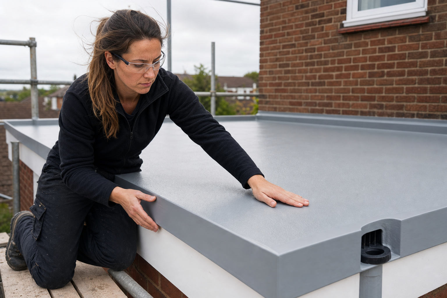 A woman inspects and smooths a flat roof surface while kneeling on scaffolding.