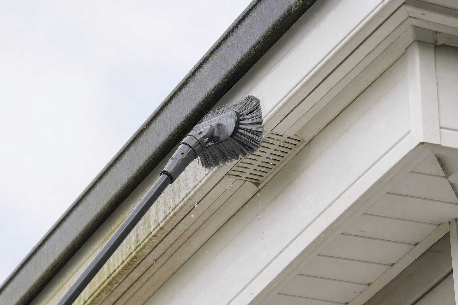 A cleaning brush on a long pole scrubs algae from a house's soffit and fascia with water.
