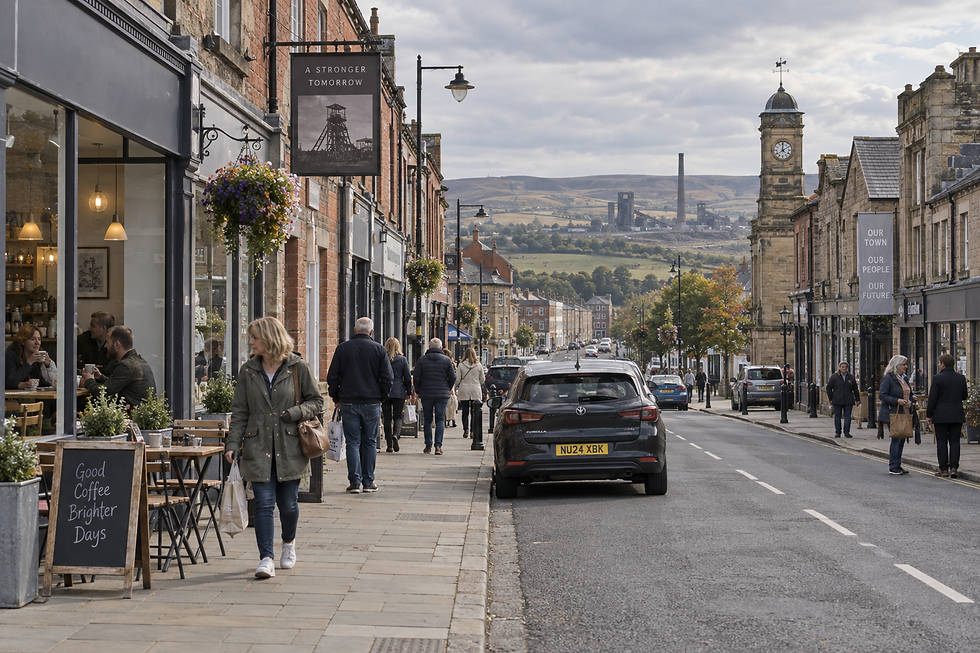 Bustling street with people walking past shops and a distant industrial landscape under a cloudy sky.