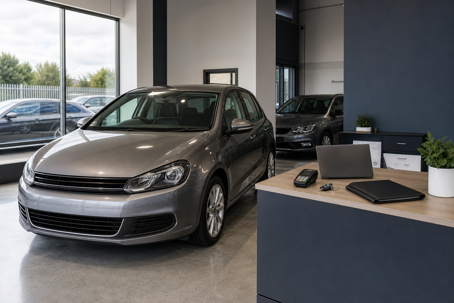 Modern car showroom with a silver car and sleek office desk.