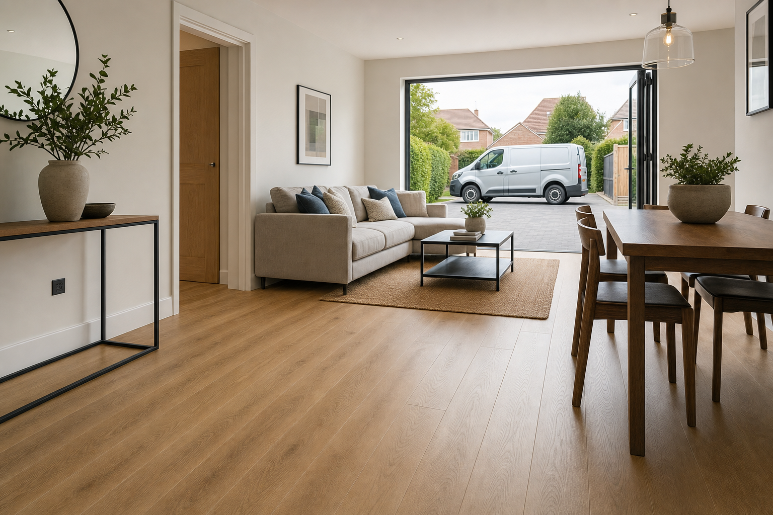 Modern living room with a beige sofa, wooden furniture, and large open doors revealing a grey van parked outside.