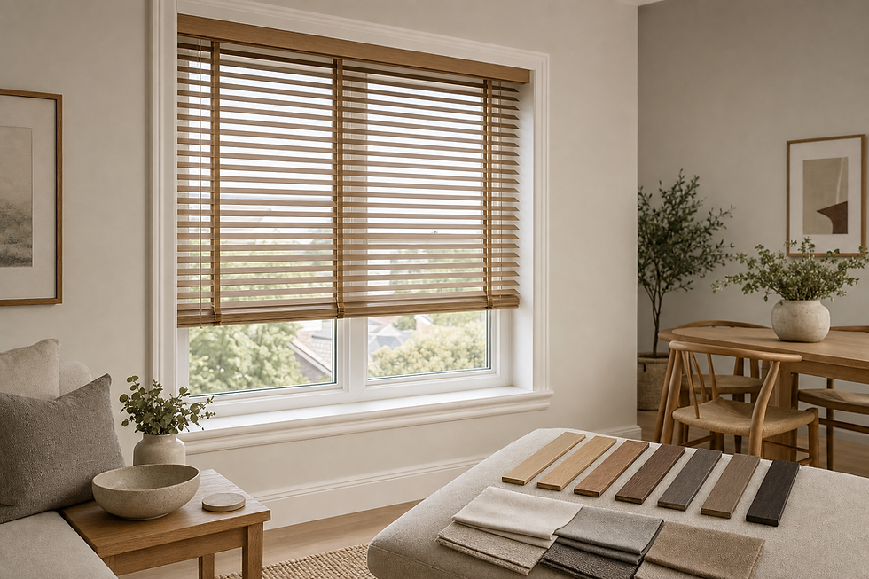 Modern living room with wooden blinds, a dining table, and fabric and wood samples on a cushioned bench.