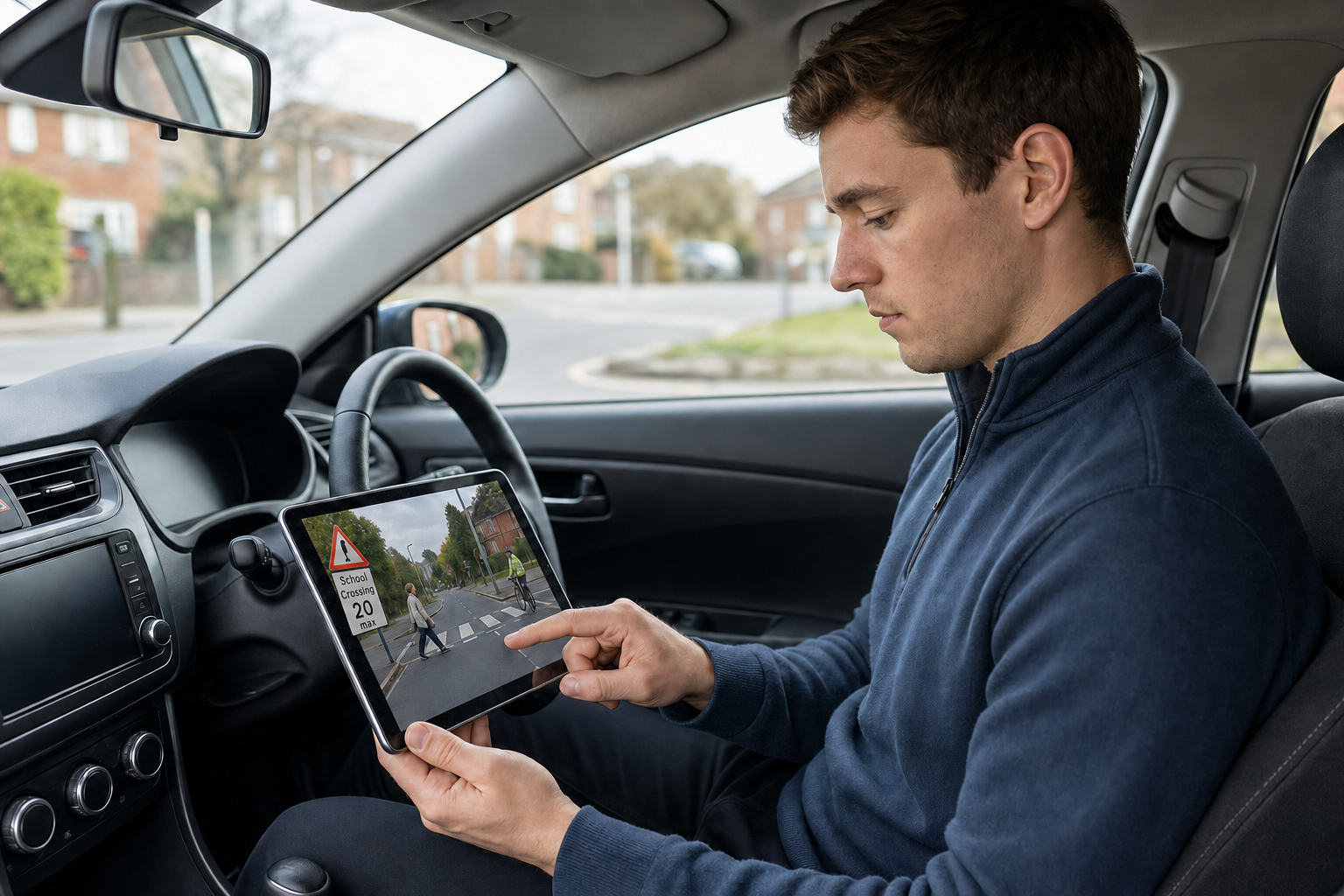 A person in a car looks at a tablet displaying a school crossing warning and pedestrians on a road.