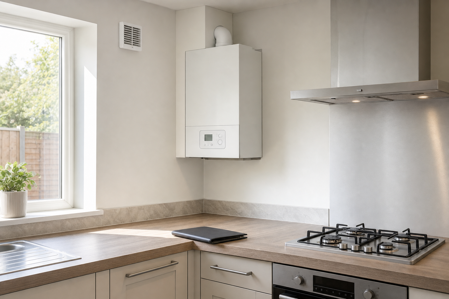 Modern kitchen corner with a wall-mounted boiler, gas hob, cooker hood, and a small potted plant on the windowsill.