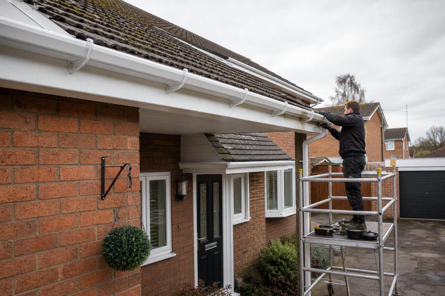 A person stands on scaffolding cleaning gutters on a brick house with a black door.