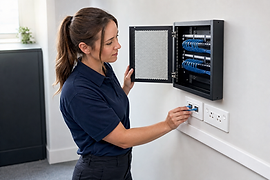 Woman in a navy polo shirt connects a cable to a wall socket near an open network panel.