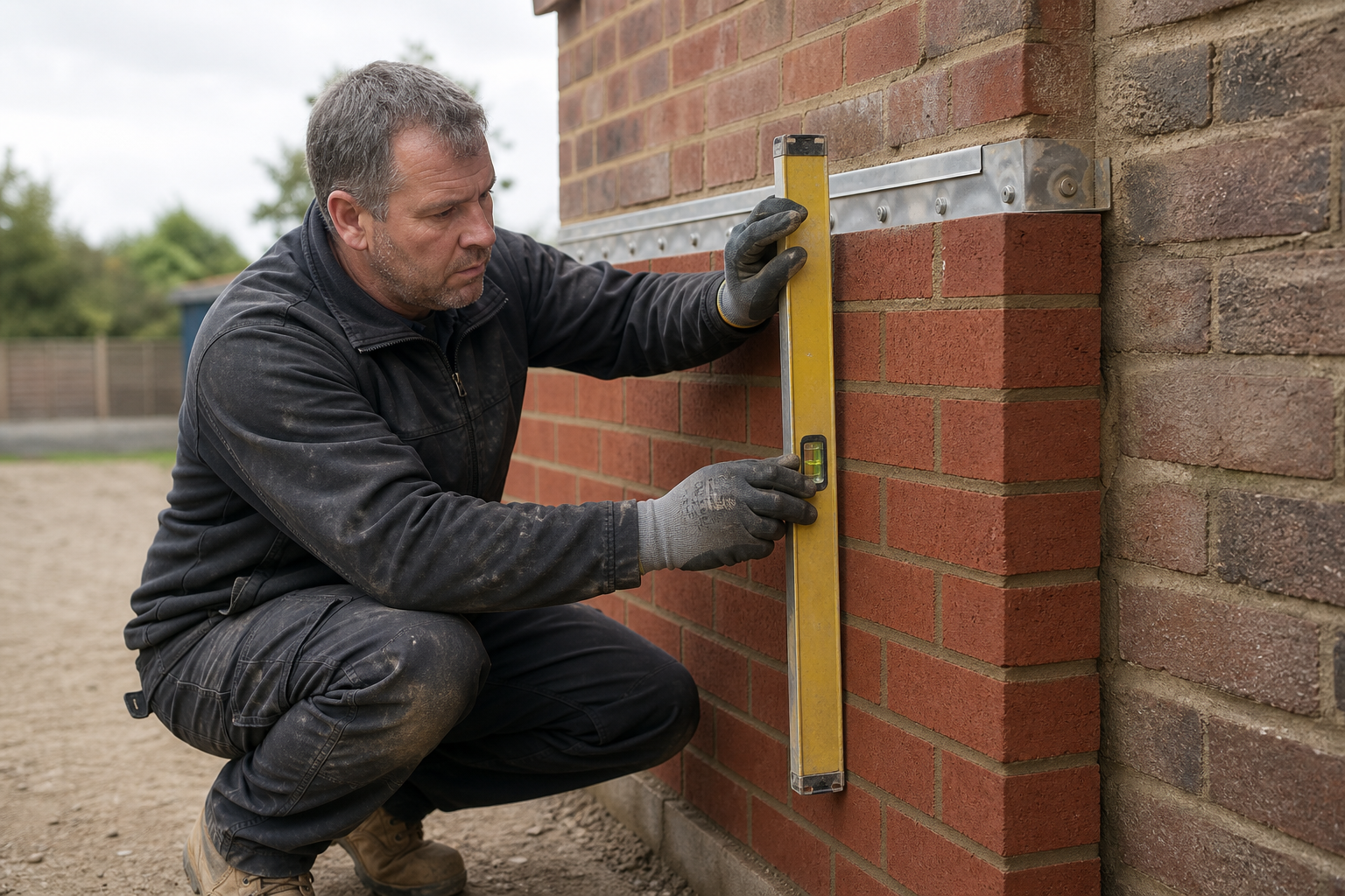 Builder checking brick wall alignment with a spirit level on a construction site.