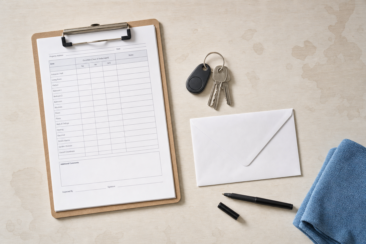 Home inspection checklist on a clipboard with keys, an envelope, a pen, and a cloth displayed on a wooden surface.