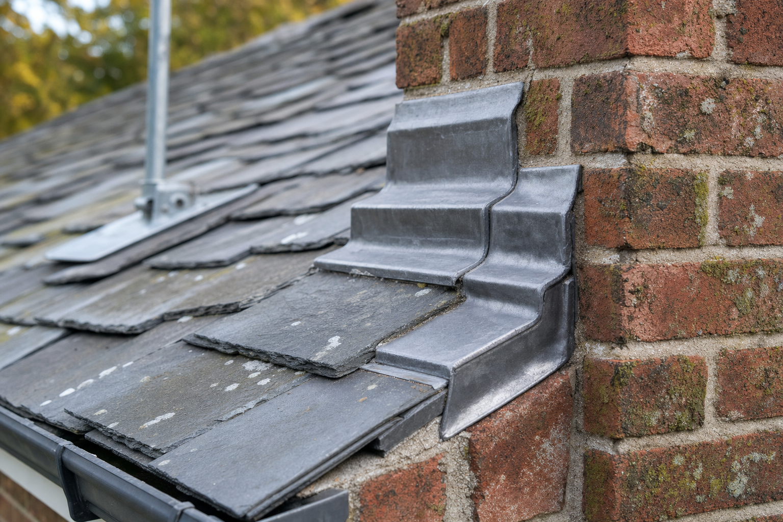Close-up of lead flashing surrounding a brick chimney on a slate tiled roof.