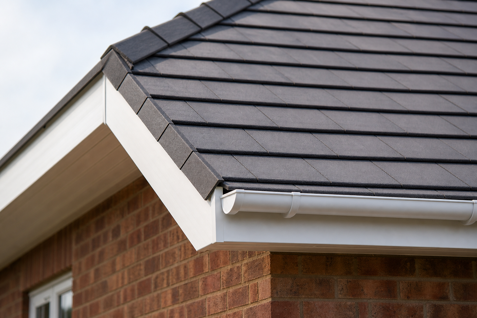 Close-up of a house roof with grey tiles, white soffit and fascia, and a white gutter on a brick exterior.