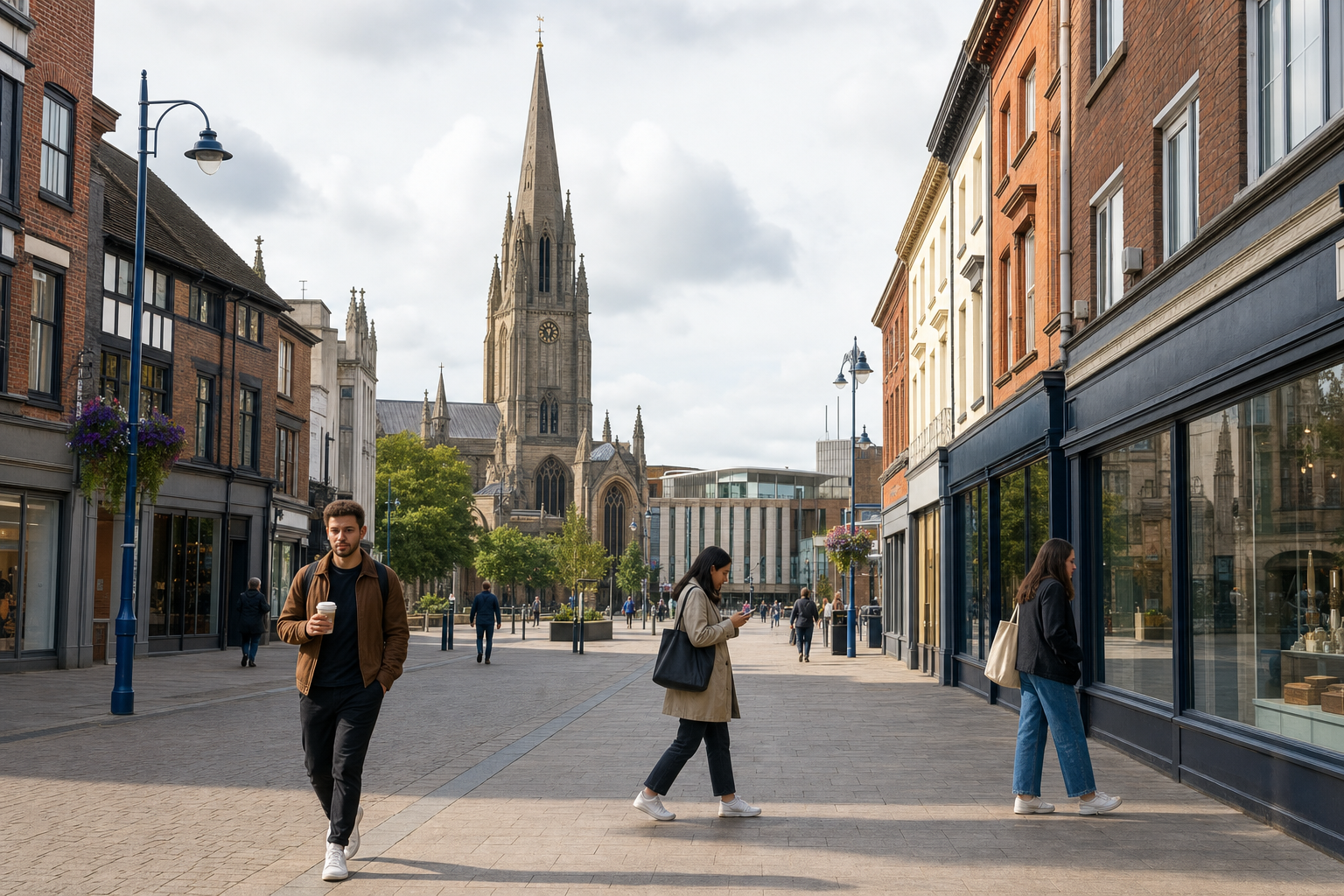 People stroll down a pedestrian street lined with shops, with a cathedral in the background.