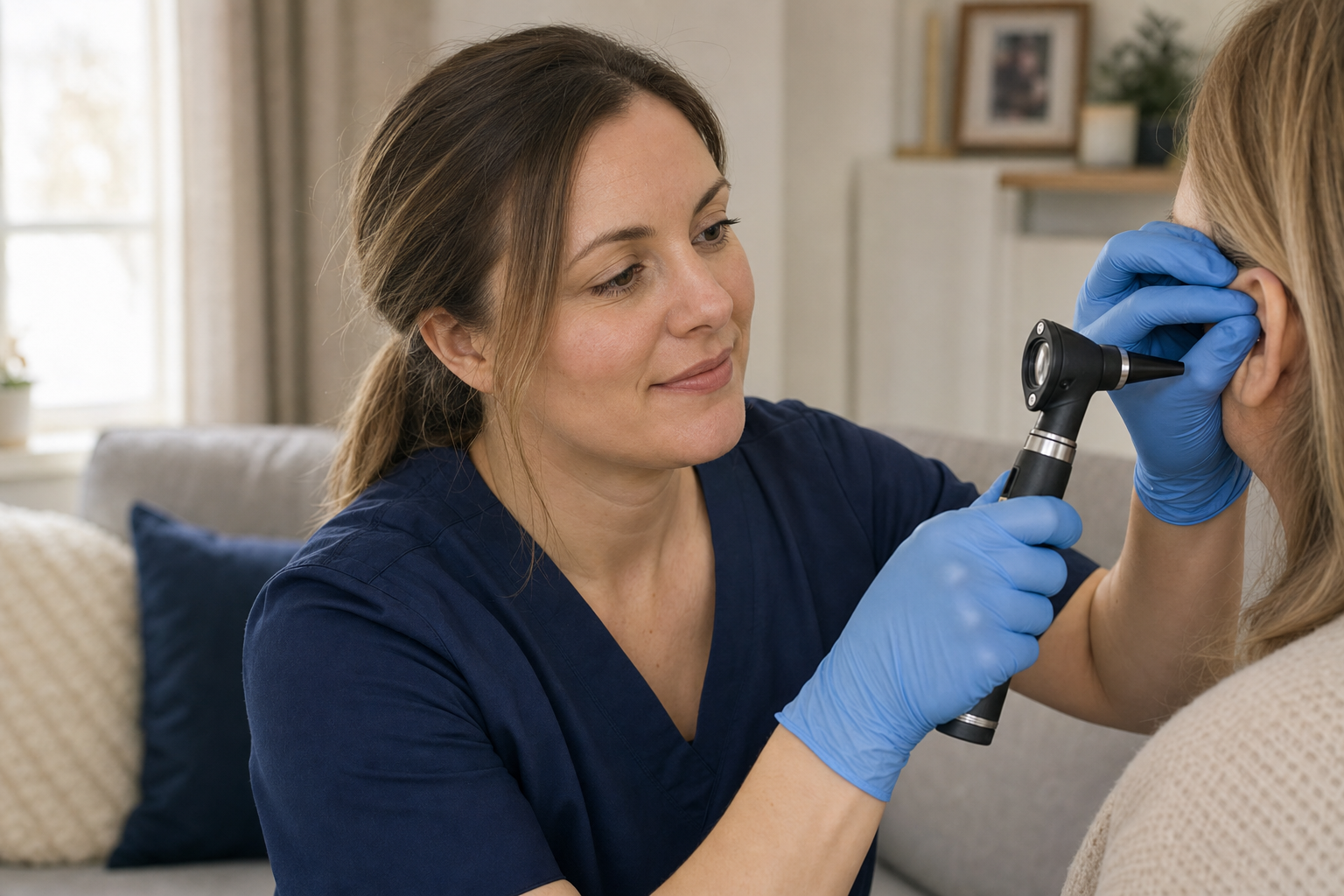 A healthcare worker examines a patient's ear using an otoscope, wearing blue scrubs and gloves, in a cosy room.