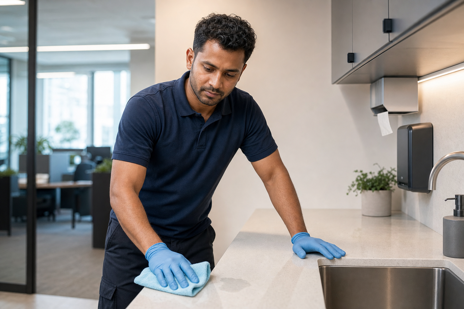 A man wearing blue gloves cleans a kitchen counter in an office setting.