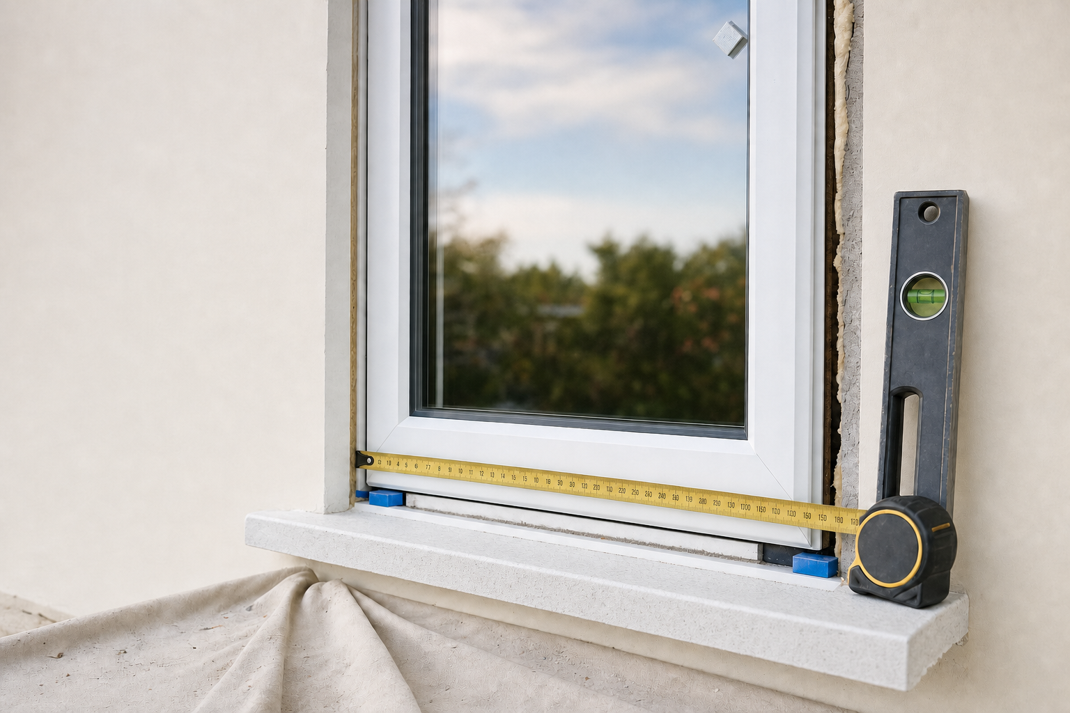 Close-up of a window installation with a spirit level and measuring tape for alignment.