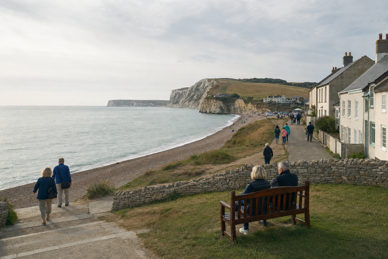 Coastal path with people walking and relaxing, overlooking a pebble beach and cliffs, lined with quaint houses.