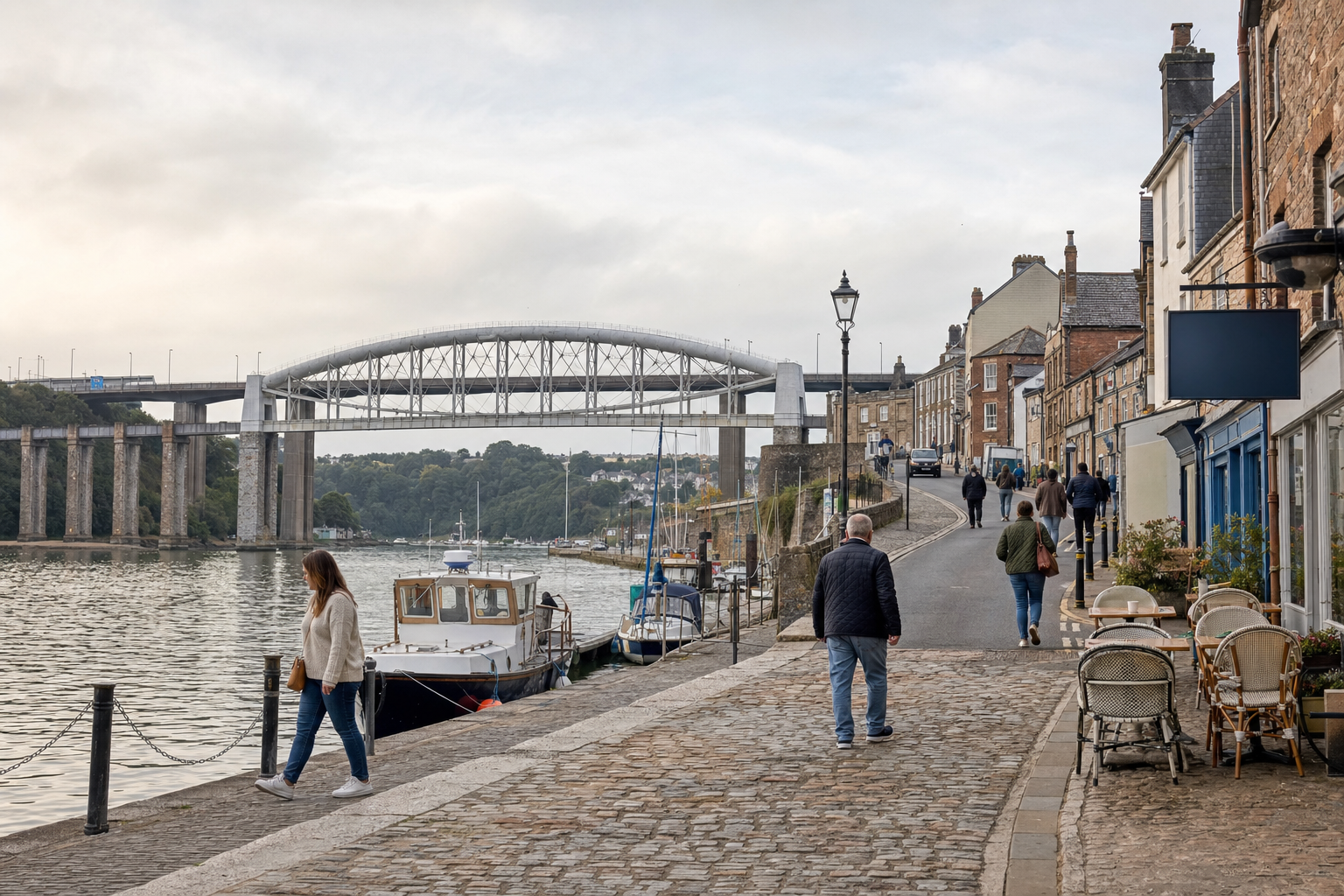 People strolling along a cobbled riverside street with a bridge and moored boats in the background.