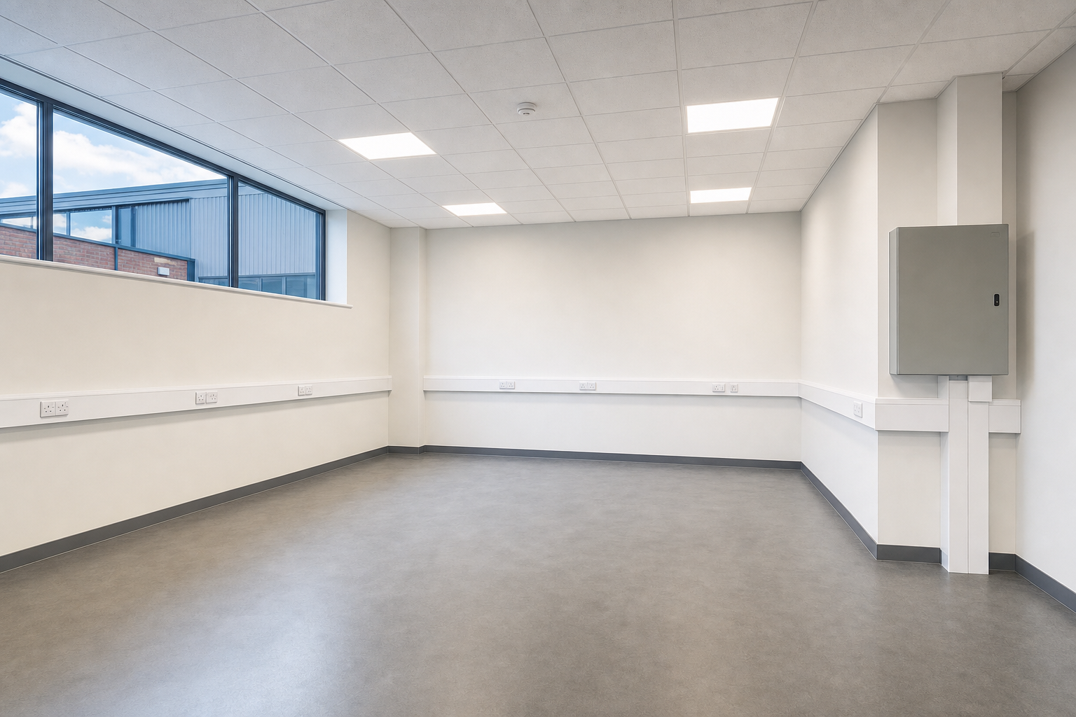 Empty modern room with a grey floor, white walls, large windows, and a control panel box on the wall.