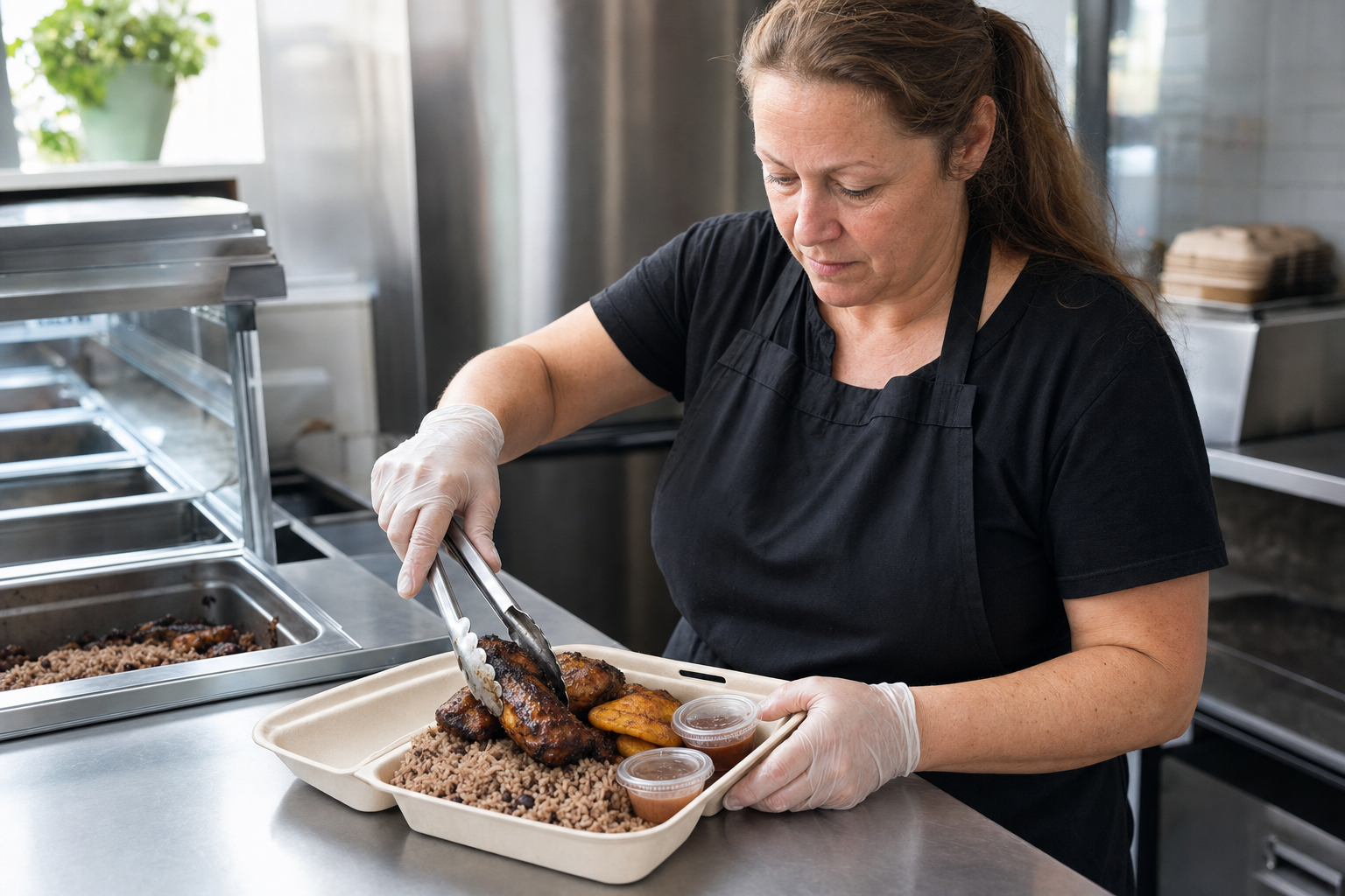 A woman in a black apron places grilled chicken into a takeaway container with rice and sauce in a kitchen setting.