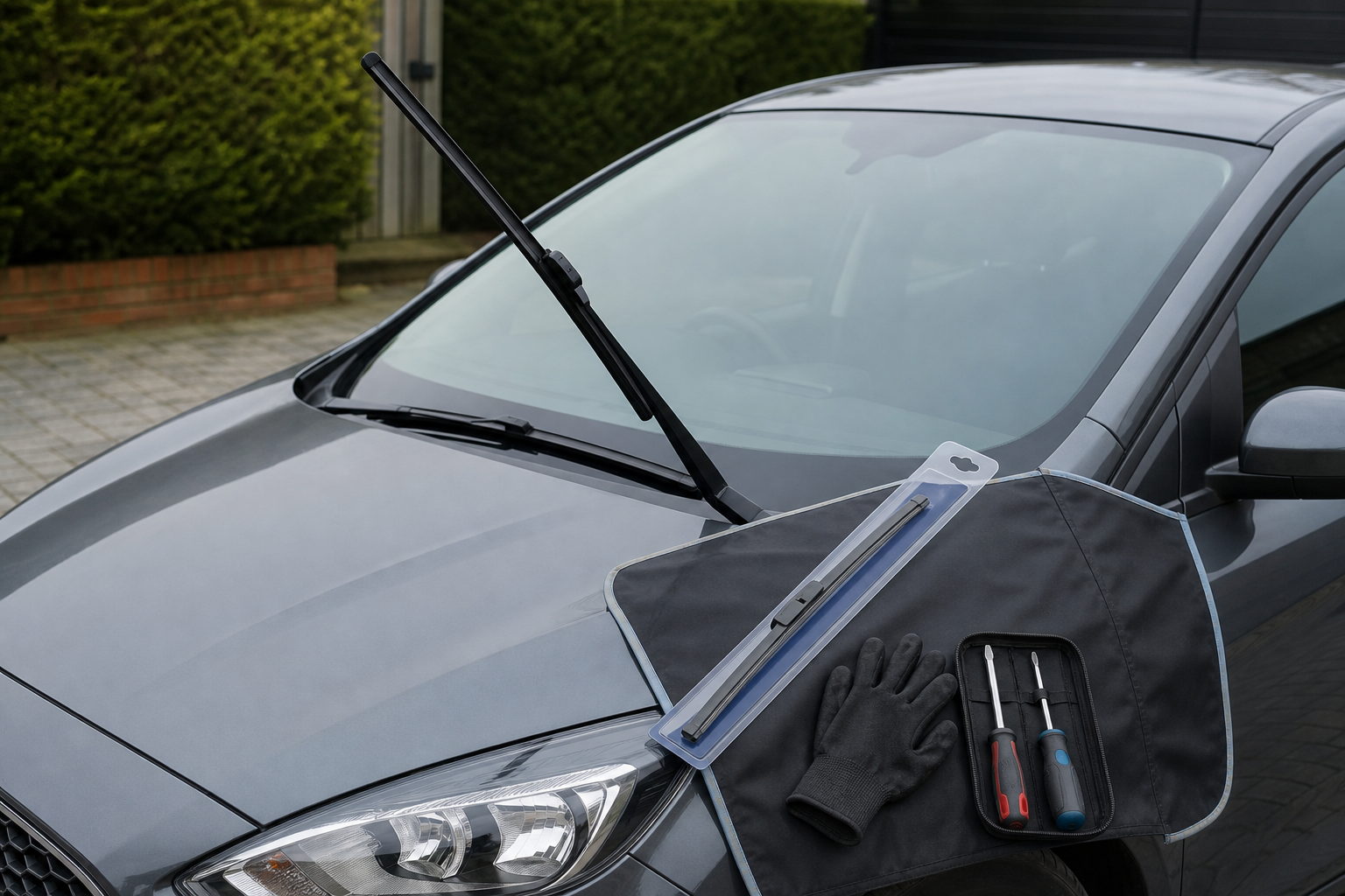 Car windshield wiper replacement with tools and gloves on the hood.
