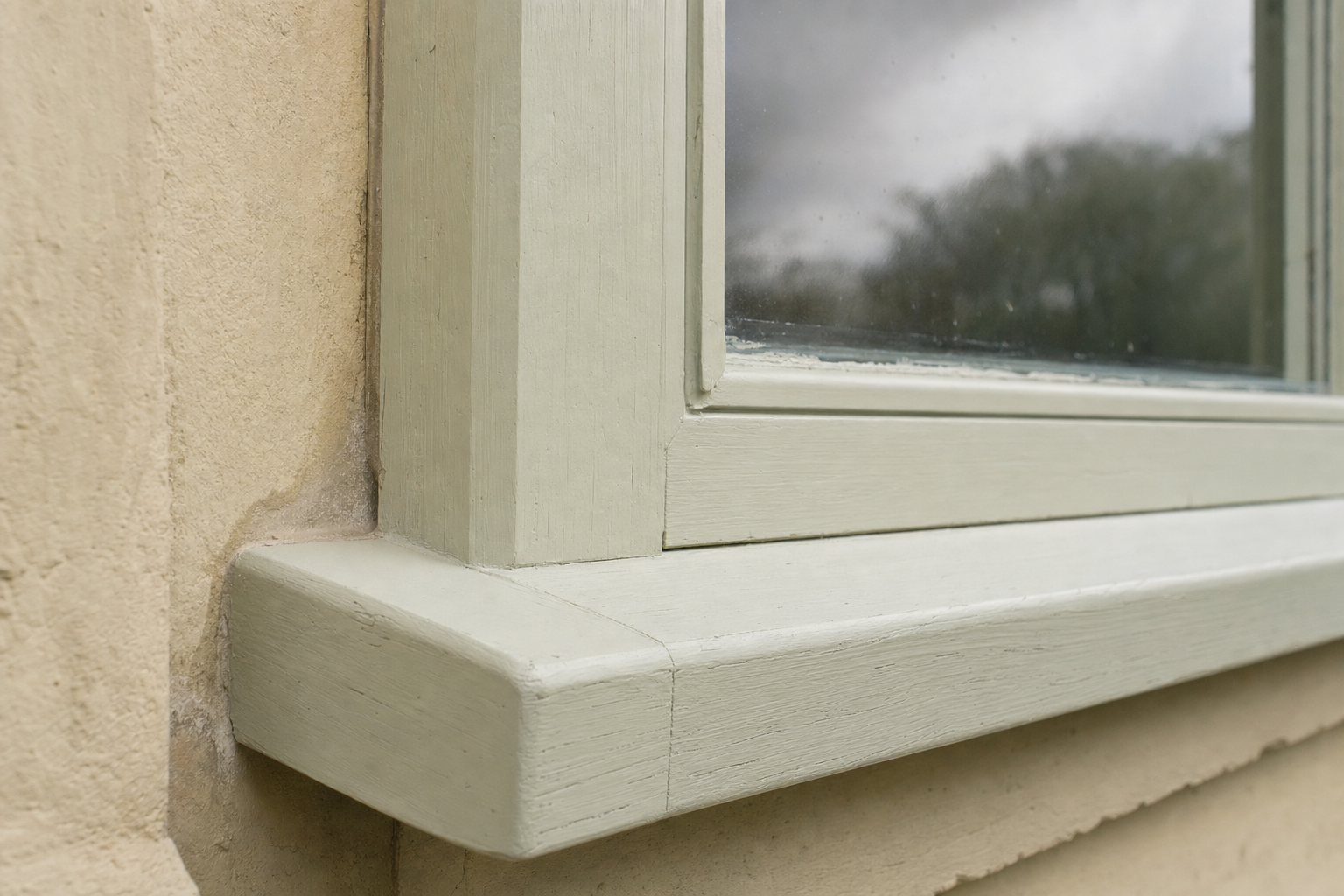 Close-up of freshly painted light green masonry trim and sill.