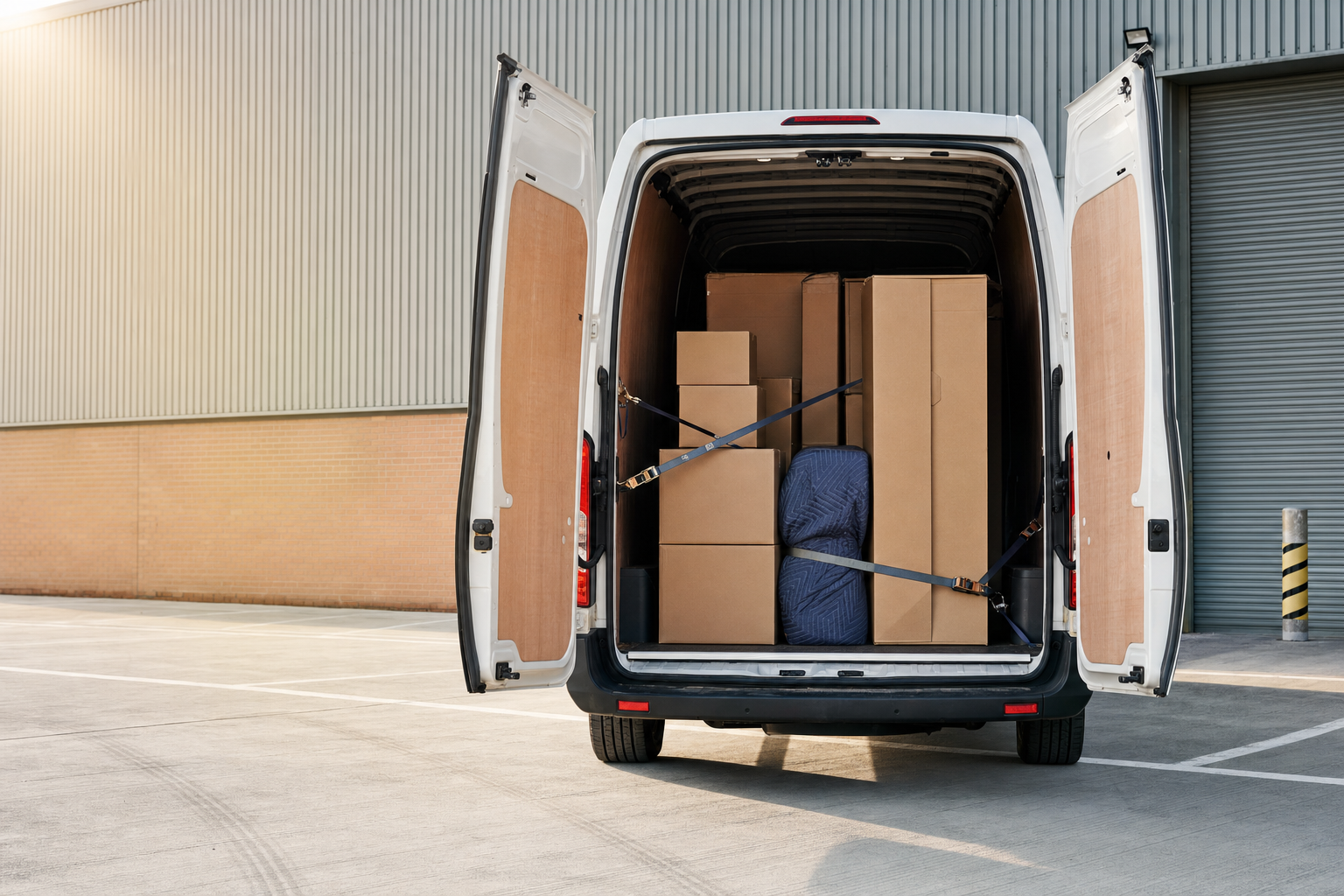 White van loaded with securely strapped cardboard boxes parked outside a warehouse.
