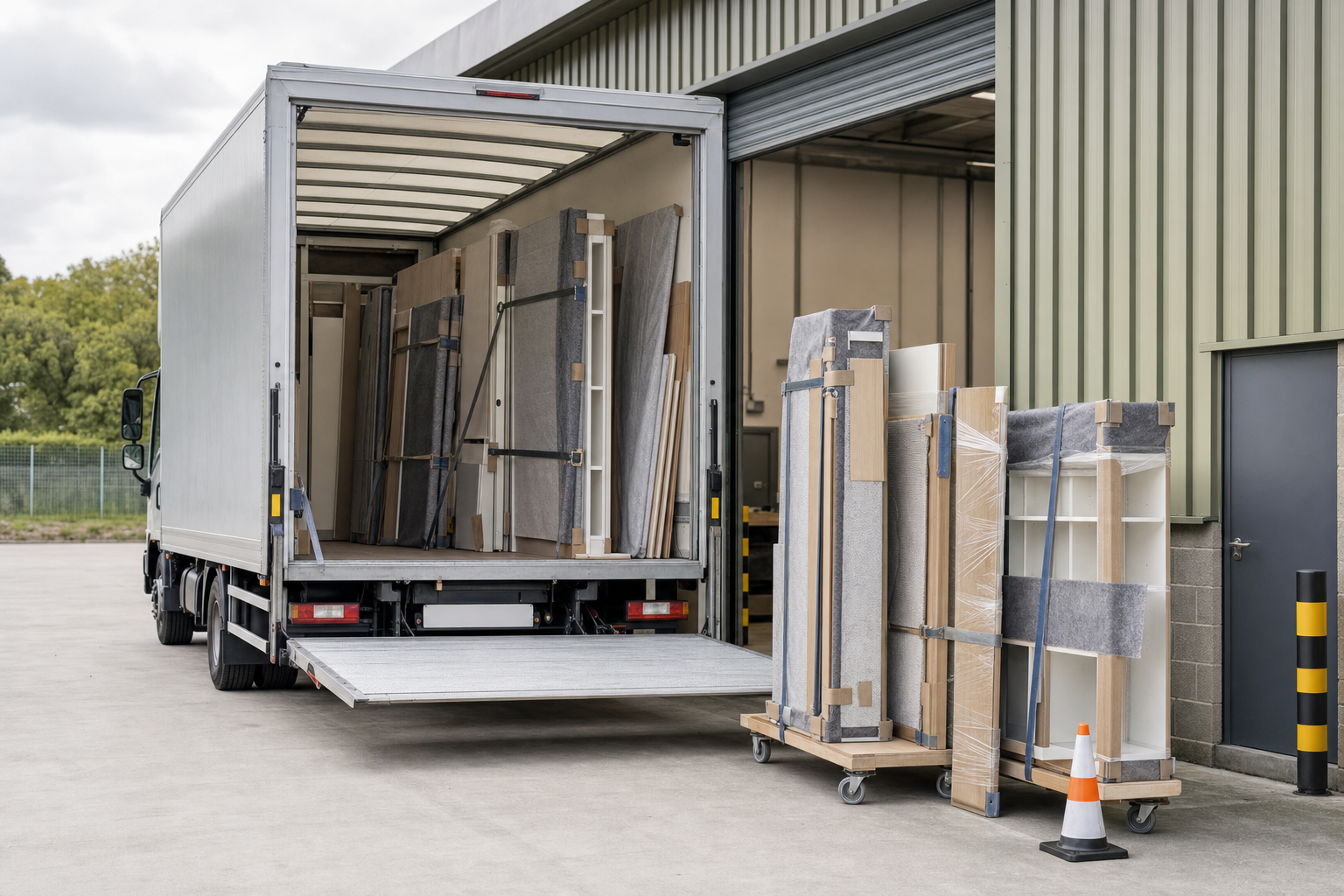 A lorry with its rear open is parked at a warehouse, showing goods secured inside and on a trolley nearby.