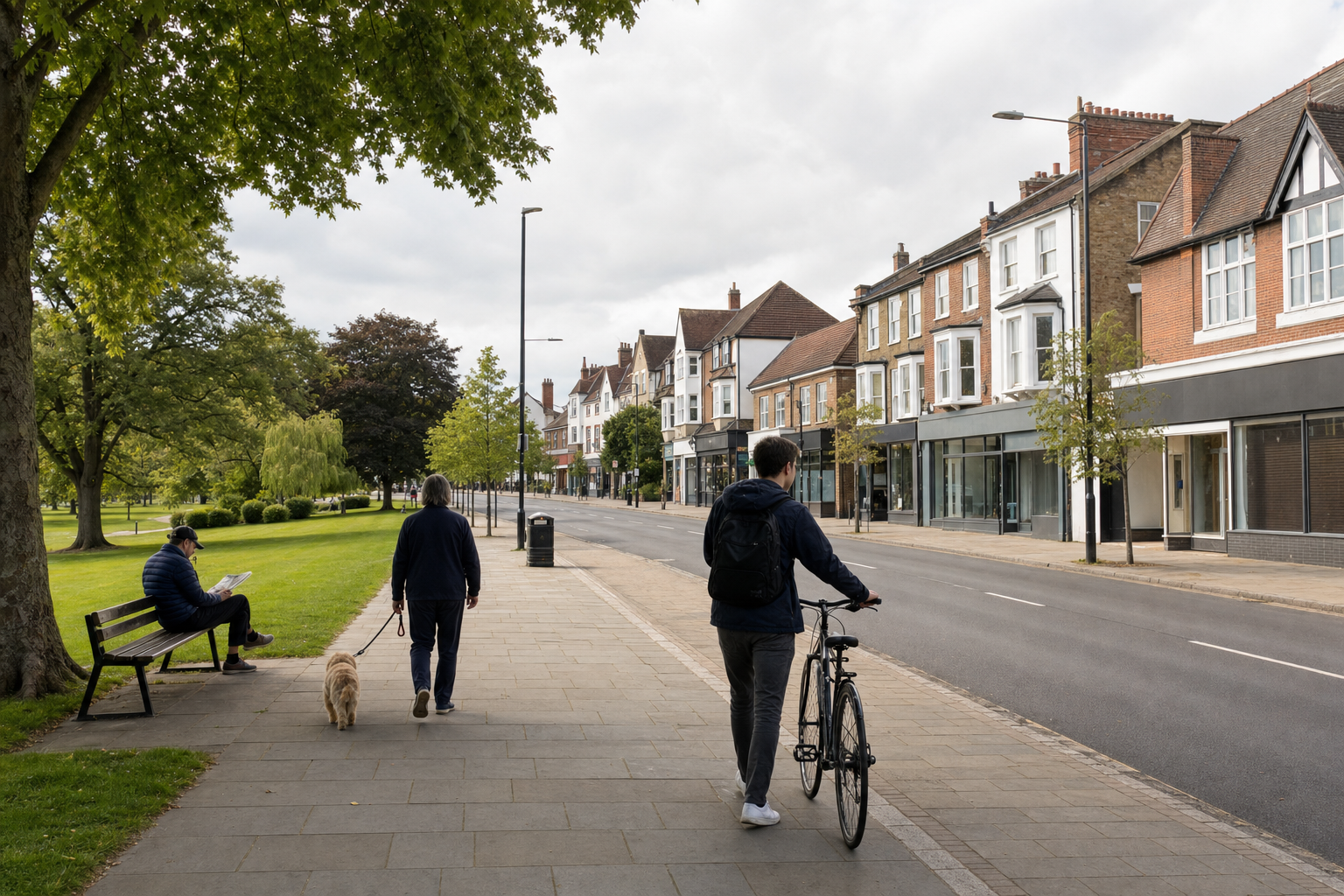 People walking and cycling along a quiet suburban street lined with trees and traditional terrace houses.