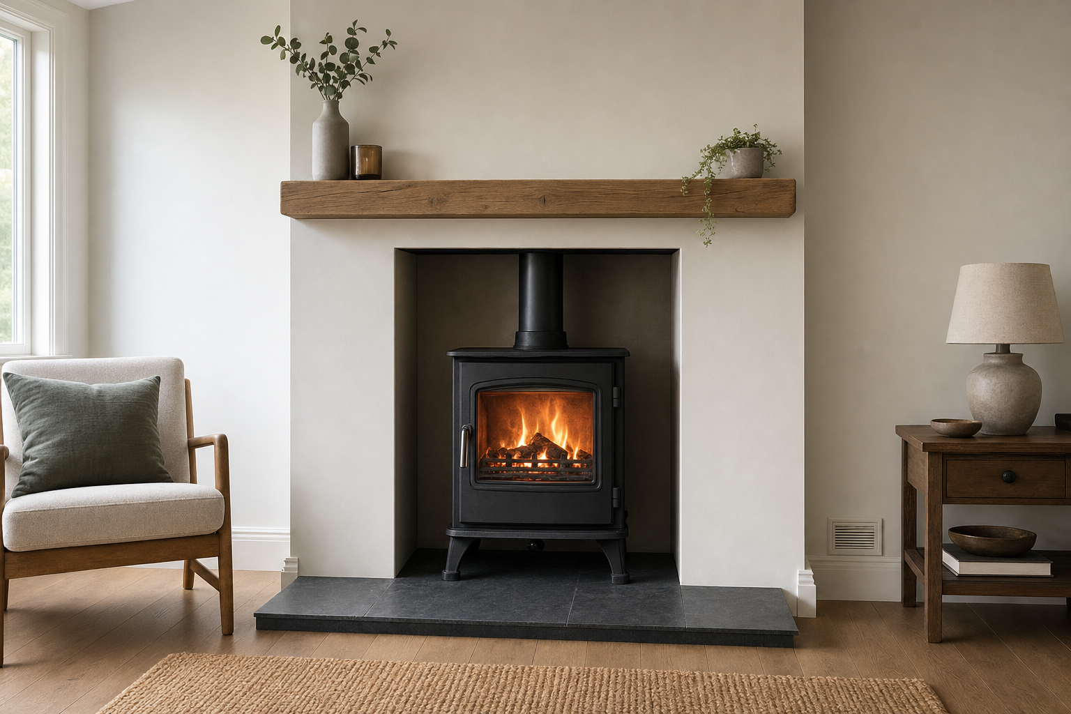 Modern living room with a wood-burning stove, surrounded by neutral decor and a cosy armchair.
