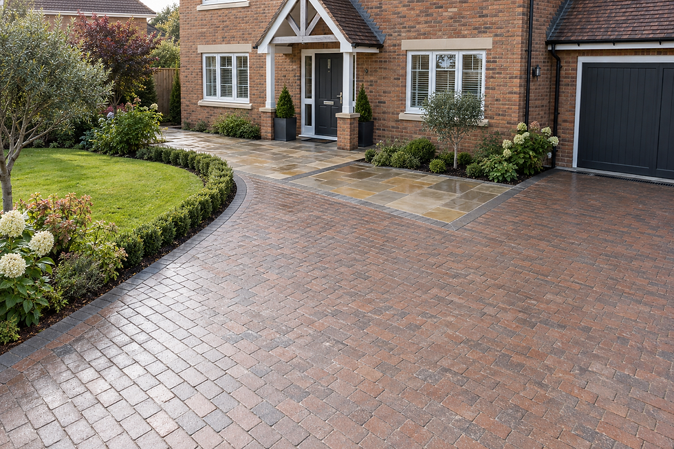 Brick driveway leading to a traditional house with a landscaped front garden and patio.