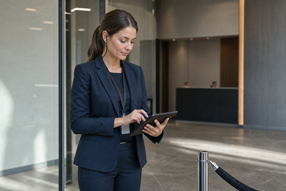 A woman in a business suit uses a tablet while standing in a modern office lobby.