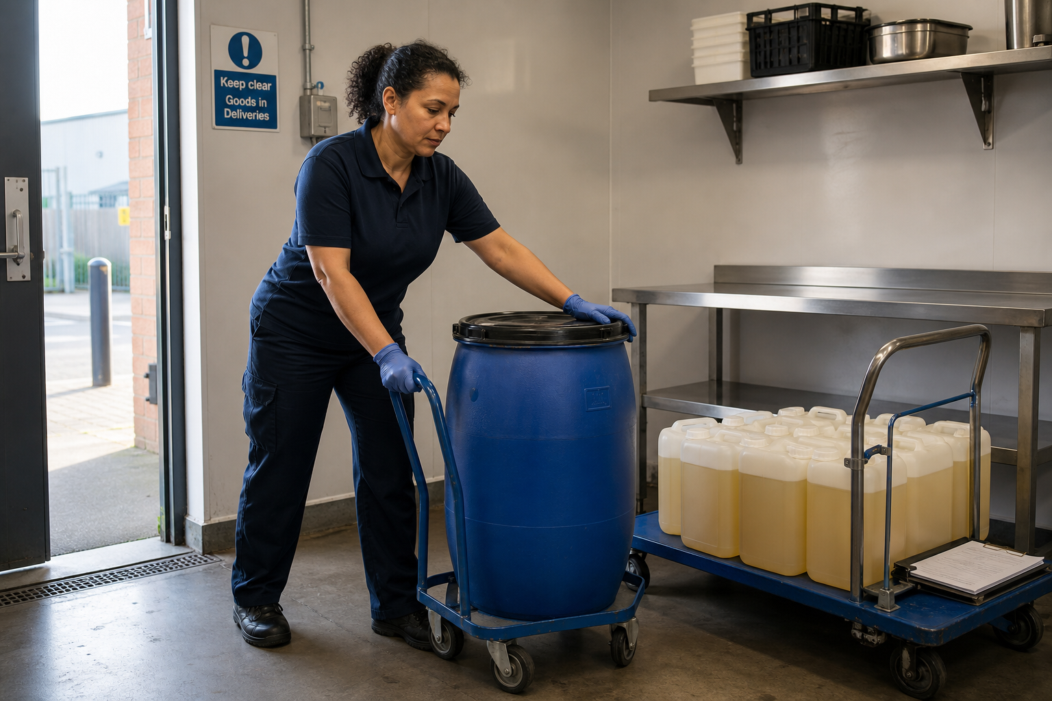 A woman in a blue uniform moves a large blue barrel on a dolly in a storage room.