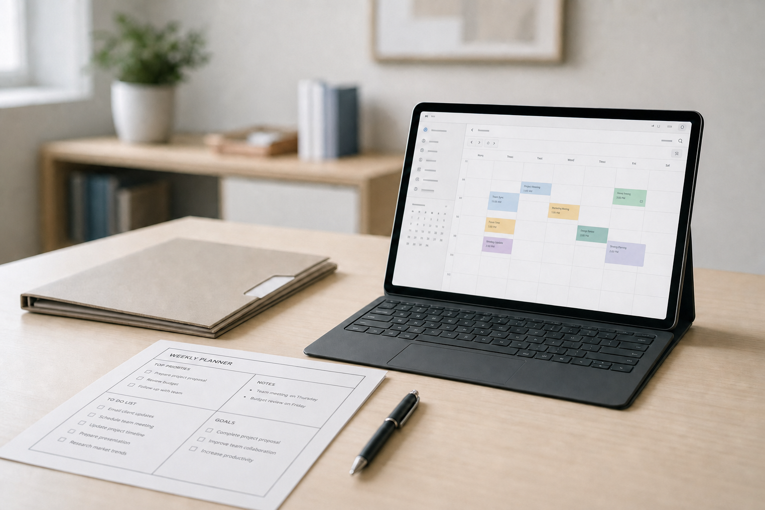 Tablet displaying a digital calendar on a desk with a weekly planner, pen, and folder nearby.