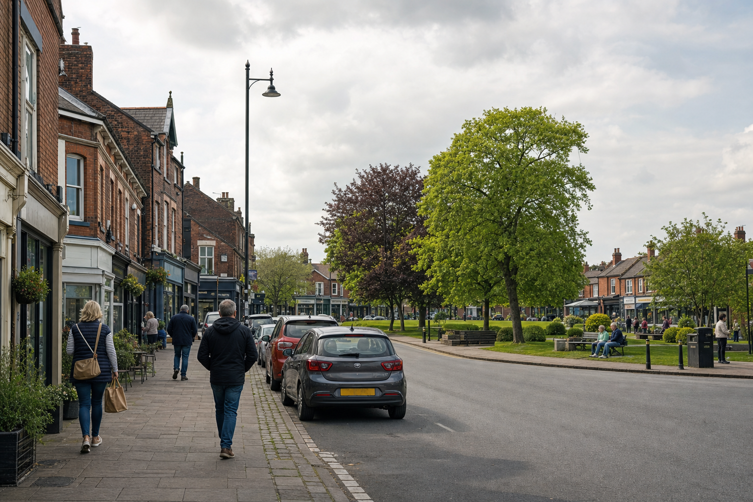 A quiet street lined with shops and parked cars, with people strolling and trees in the background.