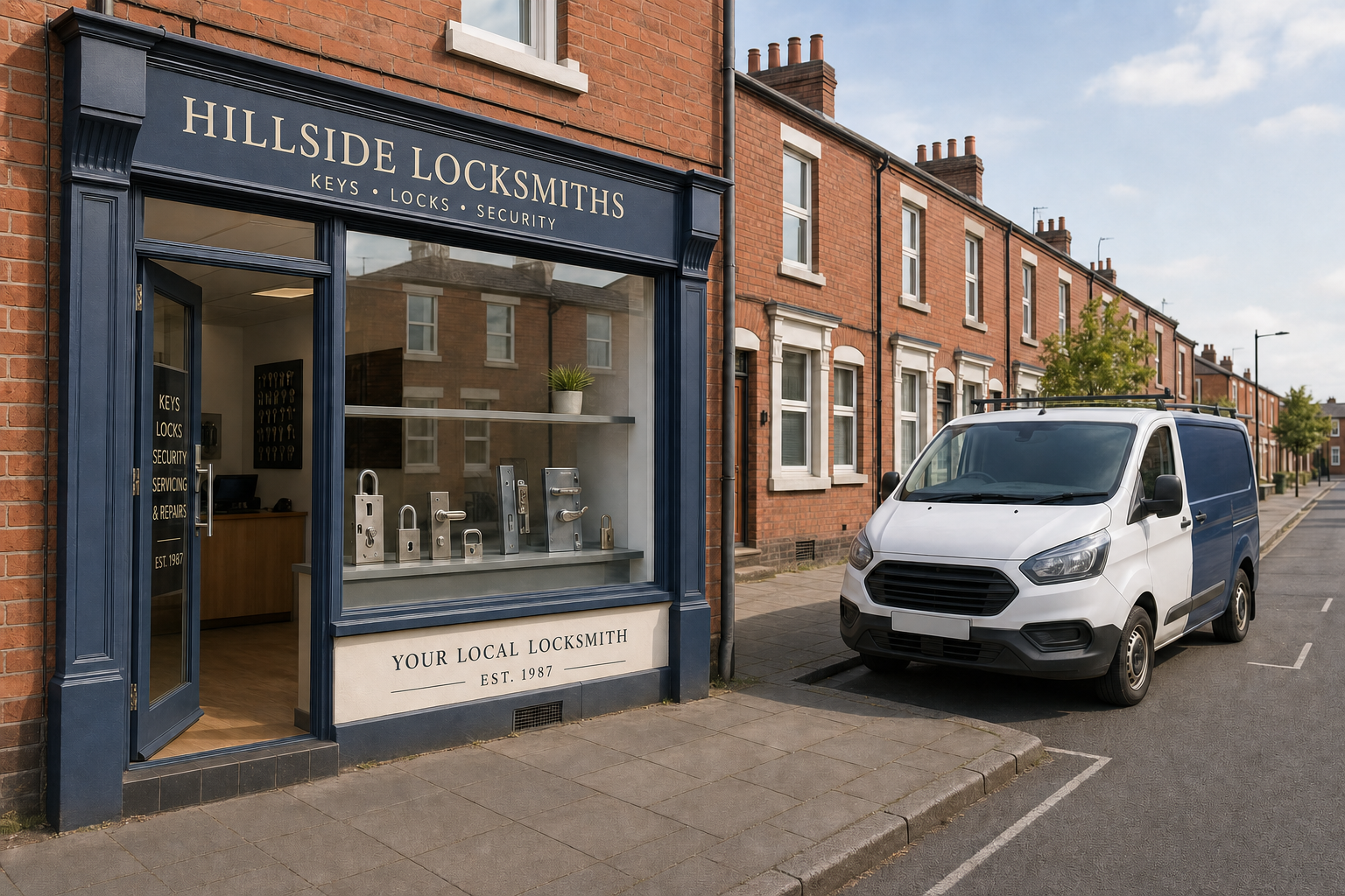 Hillside Locksmiths shopfront with a display of locks and a white van parked on a quiet residential street.