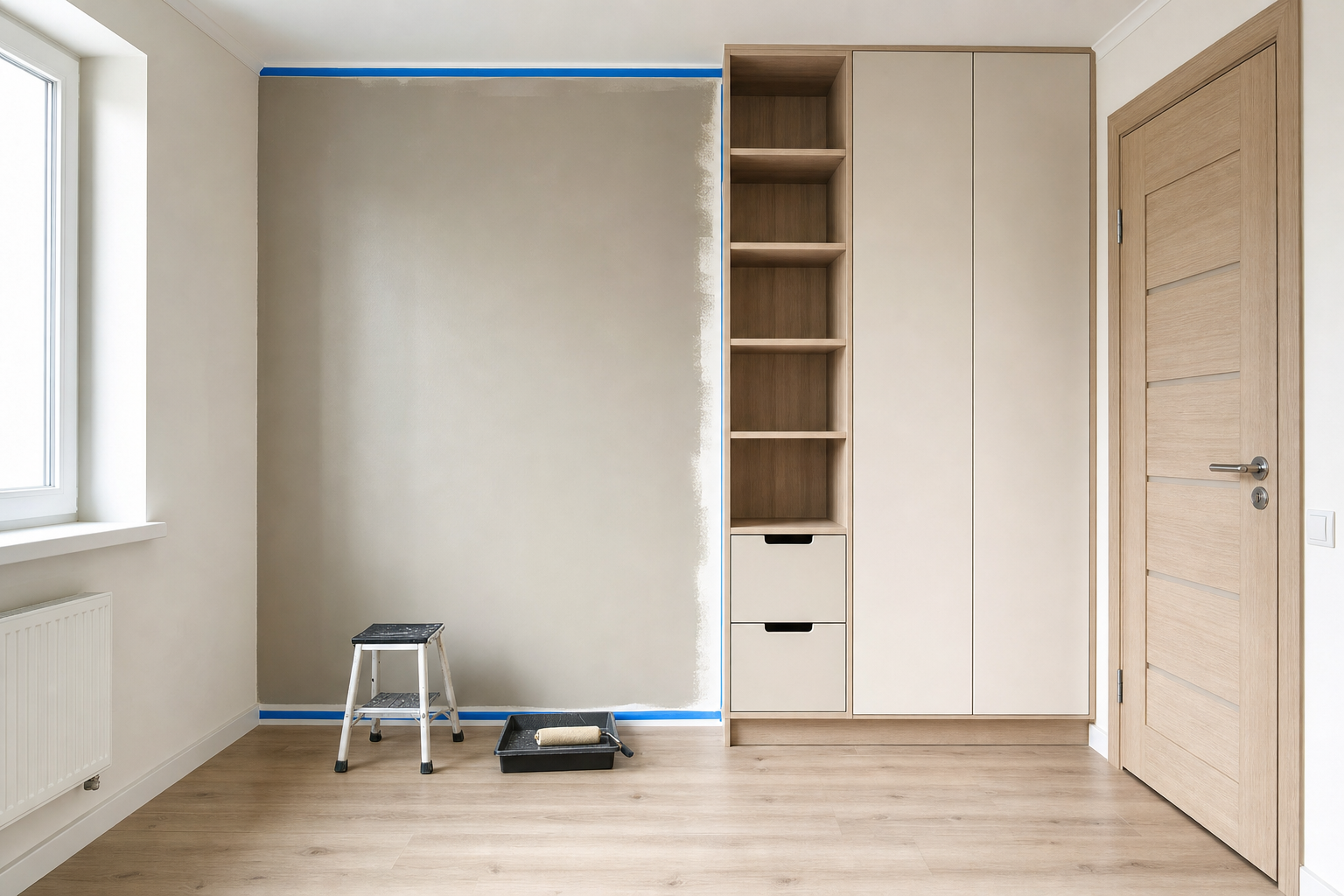 A partially painted wall with a ladder, paint tray, and roller, next to a wooden wardrobe in a bright room.