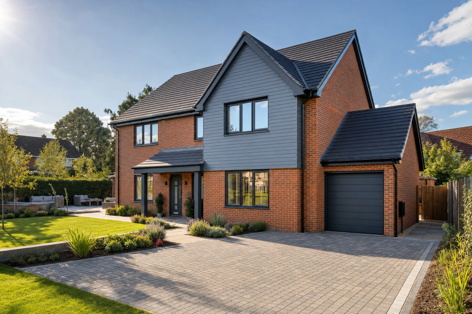 A modern two-storey brick house with a manicured lawn and a paved driveway under a clear blue sky.