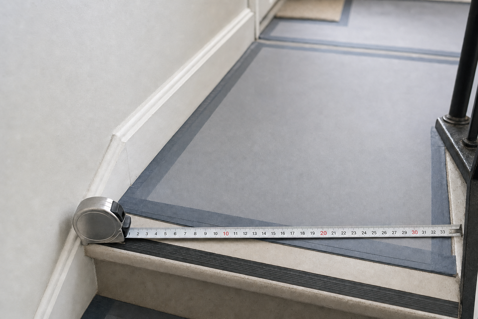 A measuring tape extends across carpeted stairs in a corner, showing precise measurements.