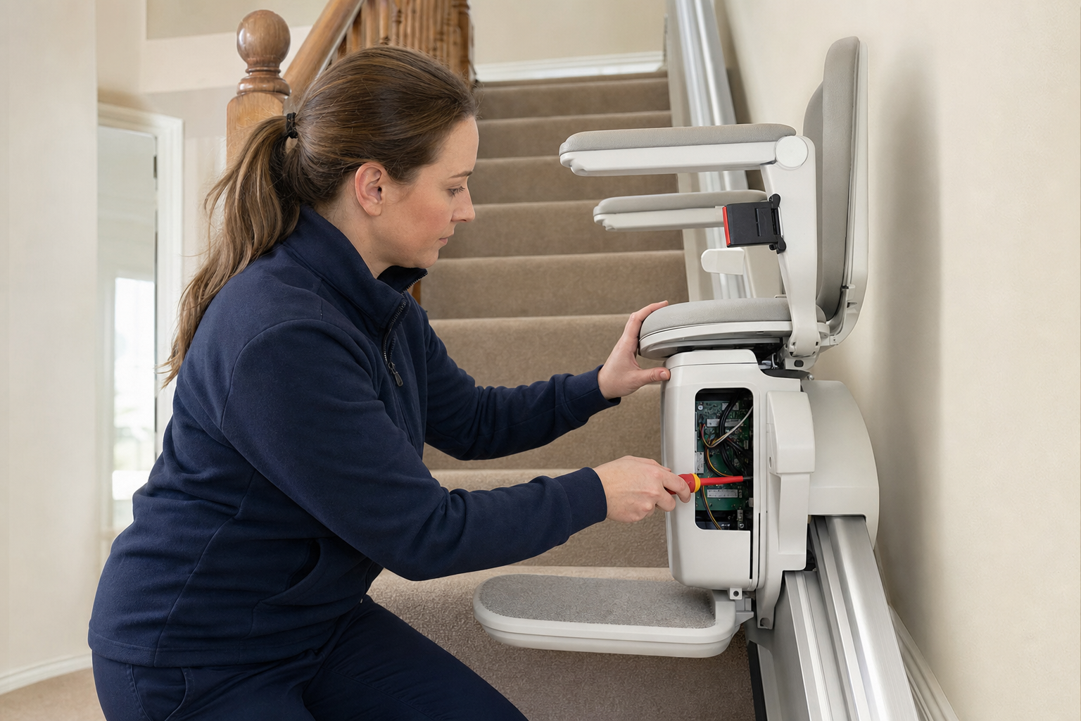 Technician in a navy uniform repairs a stairlift on a carpeted staircase.