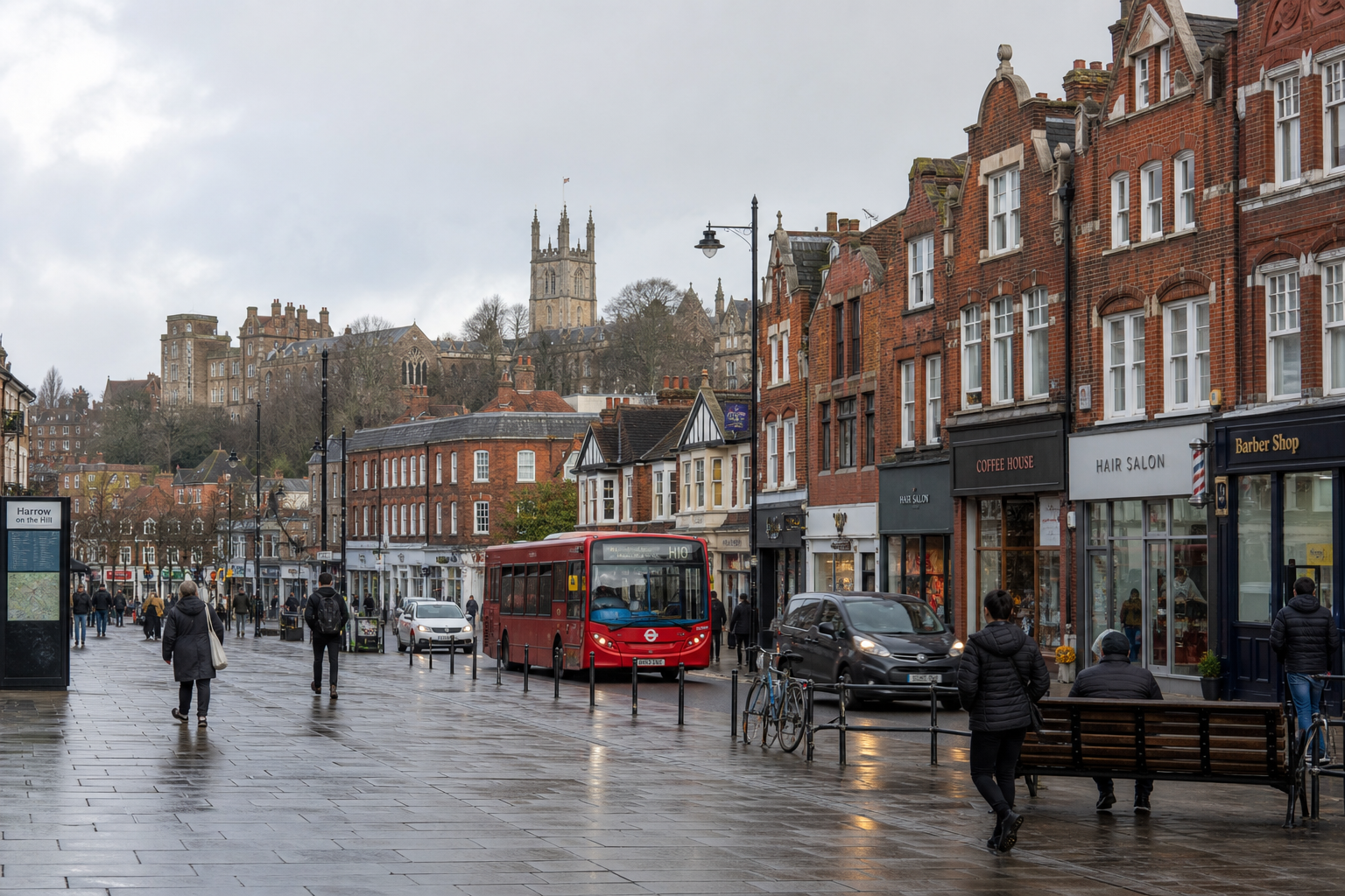 A bustling street view with shops, a bus, and people, set against historical architecture and a cloudy sky.