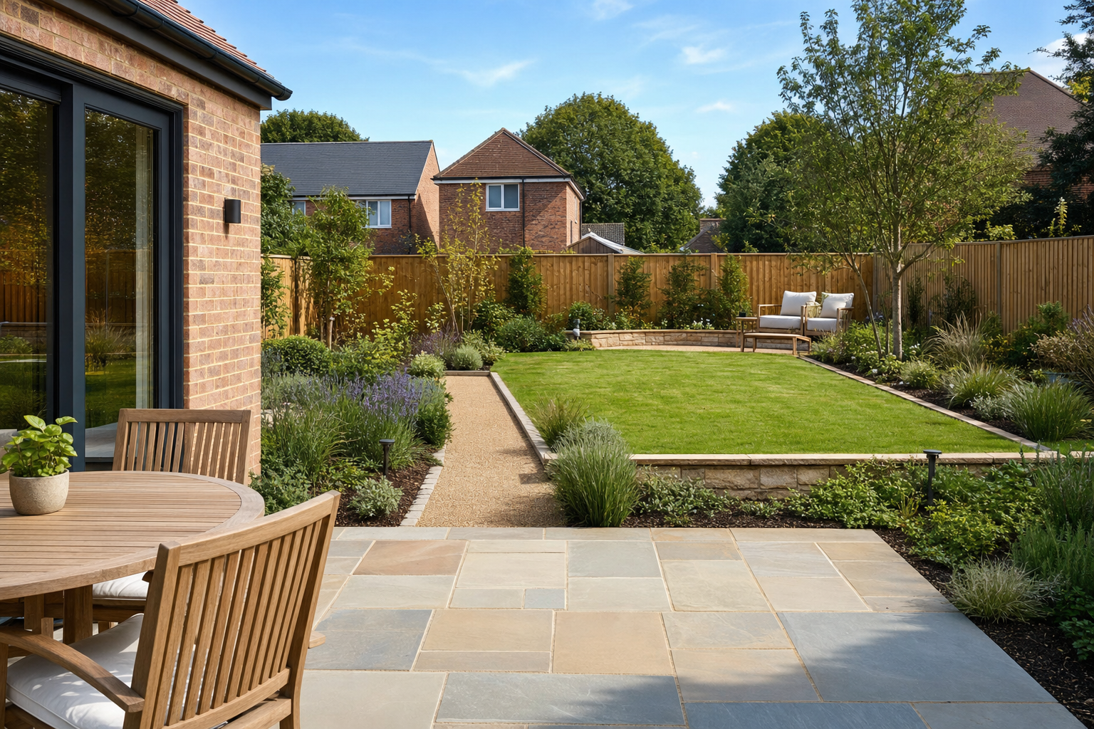 Elegant garden with a patio, lawn, and wooden seating area, surrounded by lush greenery and wooden fencing.