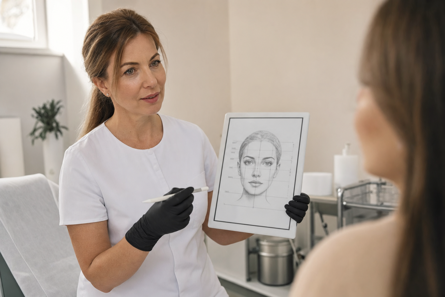A woman in a clinic consults a patient, holding a sketch of a face with measurement lines.