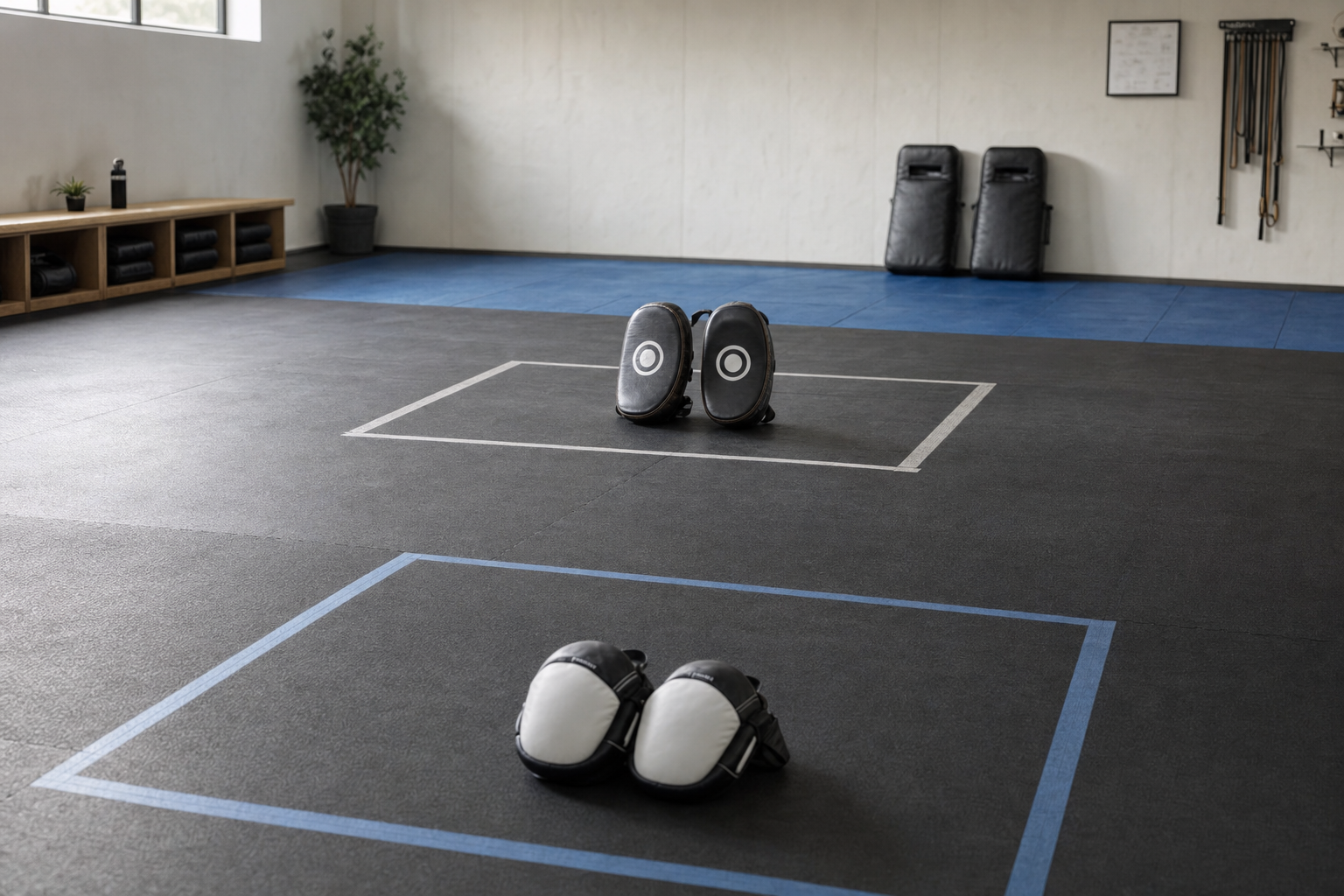 A martial arts gym with focus mitts placed on the floor within marked squares.